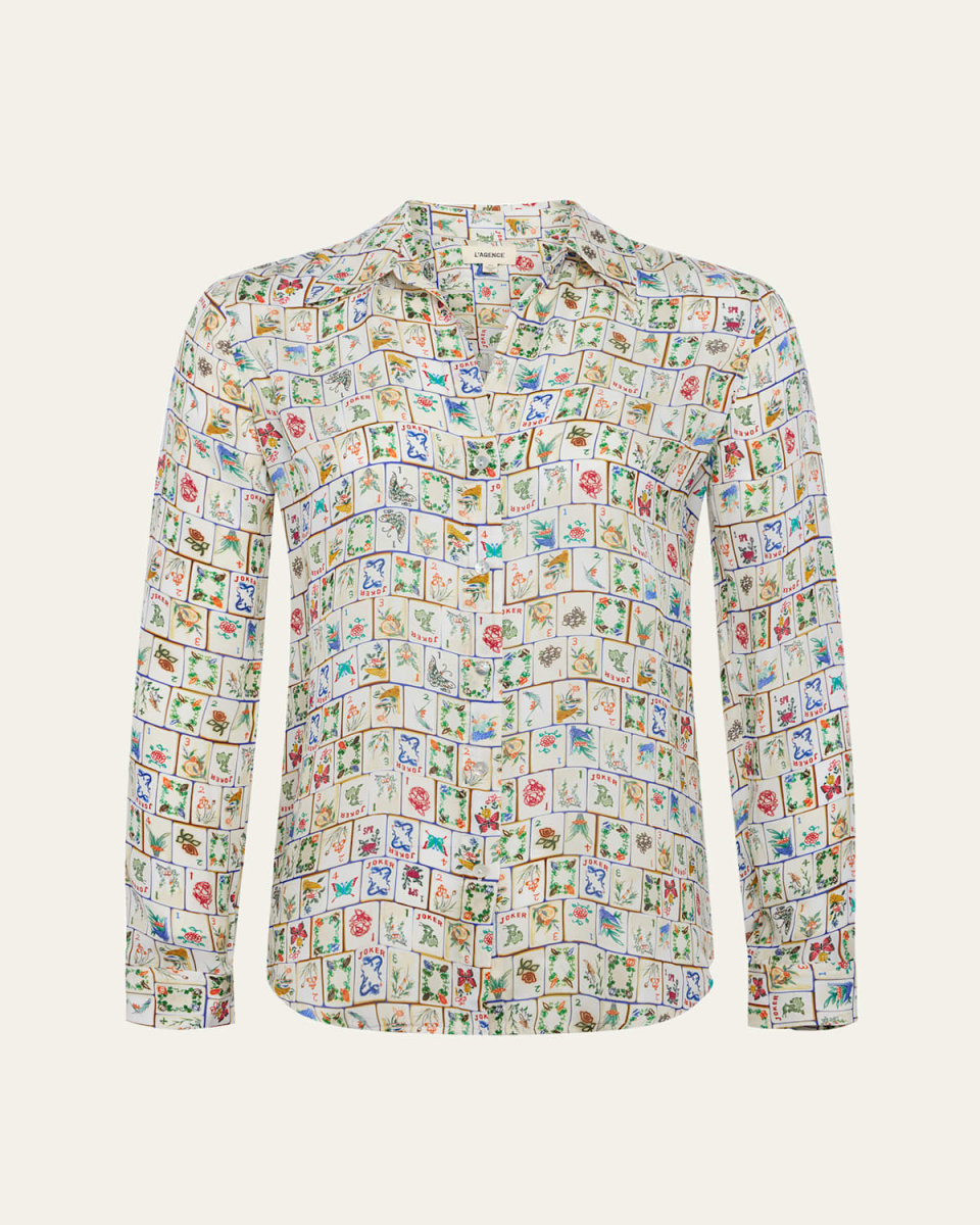 Nina Mahjong Button-Front Silk Blouse